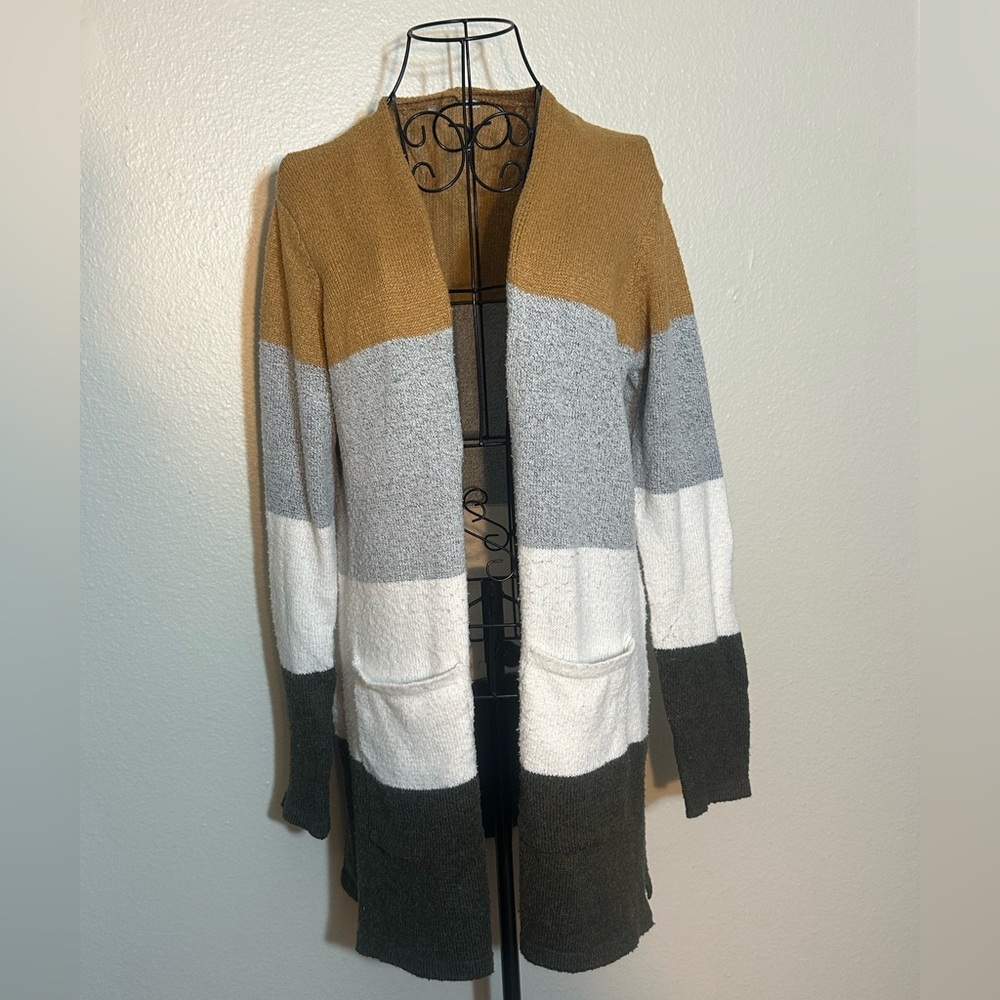 Classic Core Long Sleeve Striped Orange Brown, White and Grey Cardigan